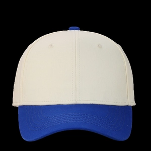 Detailed front view of a two-tone baseball cap in cream and navy blue cotton fabric