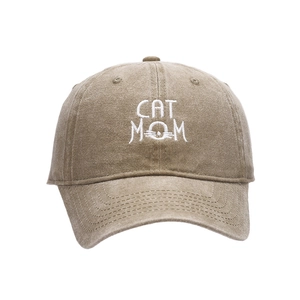 Vintage khaki CAT MOM embroidered baseball cap with distressed washed cotton texture