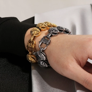 Punk style 21mm thick snake head Cuban chain bracelet in gold and silver steel finish