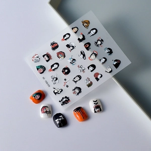 Detailed view of 5D embossed nail stickers featuring horror movie character designs