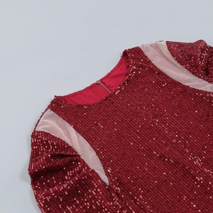 Détail du col d'une robe à paillettes bordeaux avec résille et fermeture éclair