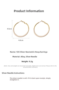 Detail view of 4.6cm geometric hoop earrings with cream oil-dripping and S925 silver needles