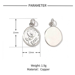 Detail of rose charm showing 21mm height and 12mm width with weight and copper material