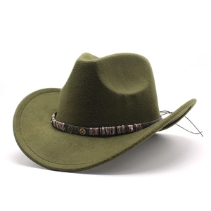 Detail of dark green felt cowboy hat featuring vintage metal gears and woven band décor