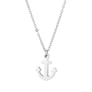 Silver anchor pendant necklace in titanium steel with fine O-chain on white background