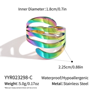 Detail view of rainbow plated stainless steel multi-layer ring with size and weight specs