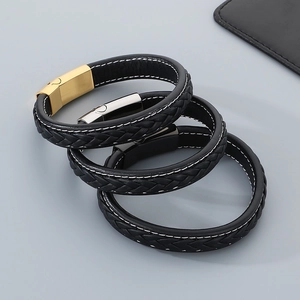 Men's double-layered braided leather bracelet with magnetic steel clasps in gold and silver
