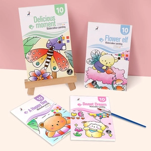 Detailed set of 4 watercolor painting books for kids featuring cute cartoon themes and brush
