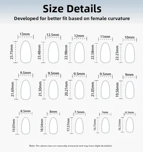 Size chart showing 15 different almond press-on nail dimensions for a perfect fit