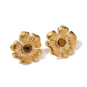 Retro 18k gold plated stainless steel flower earrings with inlaid brown tiger eye stone