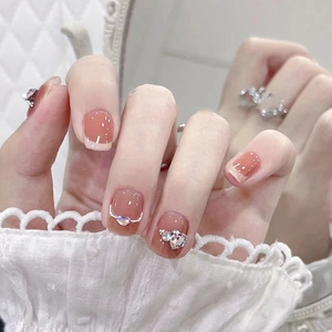 French Blush Press On Nails Pink Heart Rhinestones Short Square Shape Sweet Simple Manicure For Women