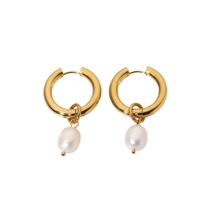 Polished 18K gold plated stainless steel hoop earrings with natural white baroque pearls