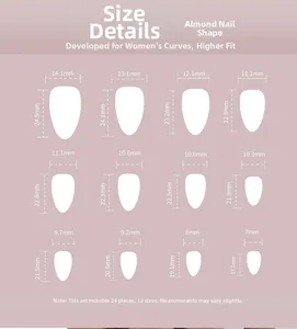 Size chart for almond-shaped cat eye press-on nails with 24 pieces in 12 various dimensions