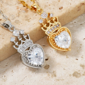 Elegant gold and silver crown heart pendant necklaces with micro-pave cubic zirconia crystals