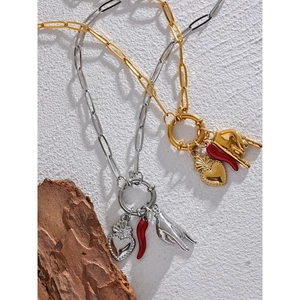 Classic gold and silver paperclip necklaces with red chili and heart pendants