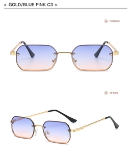 Detail of gold metal sunglasses with blue pink gradient lenses from front and side view