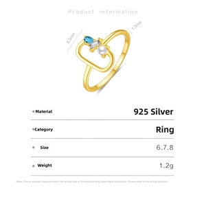 Detailed size specifications for the S925 silver ring featuring blue stone and pearl accents