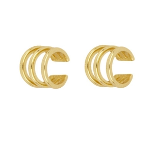 Minimalist gold-plated triple row ear cuff earrings with polished finish on white background