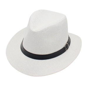 Men's summer straw fedora hat with black leather band and silver buckle for sun protection