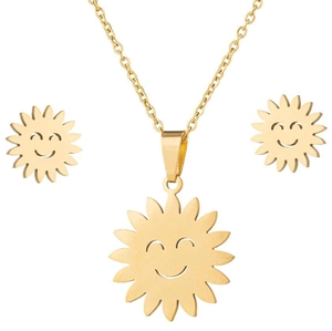 Detail of gold stainless steel sun necklace and earrings set with smiling face motifs