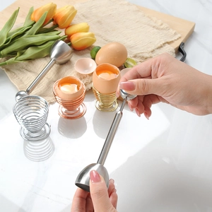 304 stainless steel egg cracker set with colorful spiral holders on marble tabletop