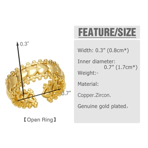 Detailed size chart for golden open ring featuring copper and zircon materials