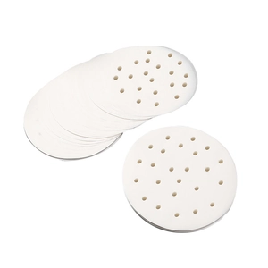 White round perforated steaming paper for air fryers and bamboo steamers, non-stick liners