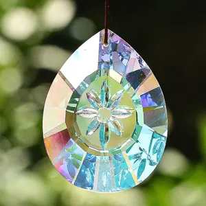 Rainbow aurora teardrop crystal prism with flower carving for garden decoration