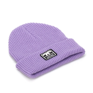 Detailed view of purple knit beanie with ribbed texture and small logo patch detail
