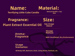 Detailed specifications of Halloween horror cube candle made of soy wax and essential oils