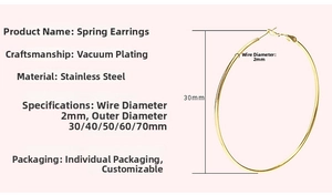Detail of 2mm thick gold vacuum-plated stainless steel hoop earrings in various sizes
