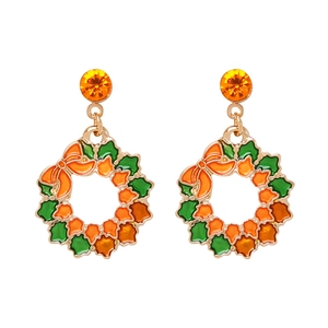 Detail of Christmas wreath earrings with orange and green enamel and crystal stud
