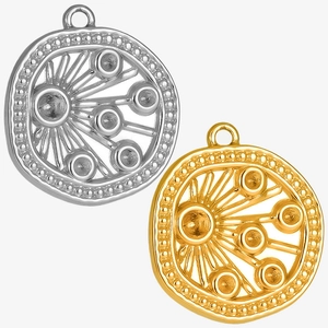 Detail of gold and silver irregular round stainless steel pendants with radial textures