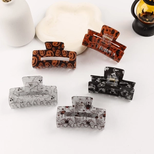 Halloween square hair claws set with pumpkin and ghost prints on shiny acrylic material