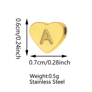 Polished gold stainless steel heart charm with letter A engraving and size dimensions