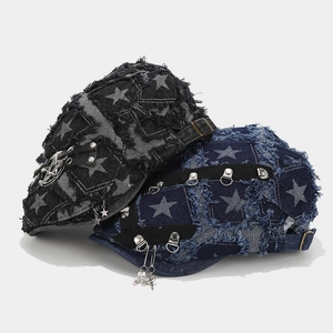 Streetwear punk beret in washed denim with metal rings and star embroidery details