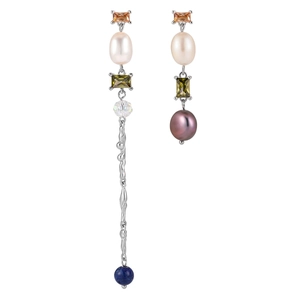 Asymmetric S925 silver earrings with Baroque pearls, colorful crystals, and tassels