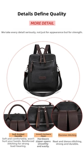 Detailed views of leather backpack showing reinforced handle, metal zippers and stitching