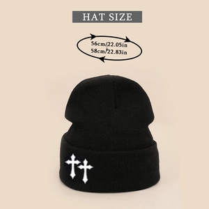 Detailed size measurement of black beanie with white cross embroidery 56cm-58cm