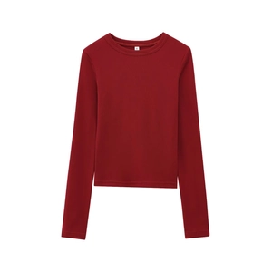 Slim fit burgundy long sleeve t-shirt with crew neck and ribbed cotton fabric on white back