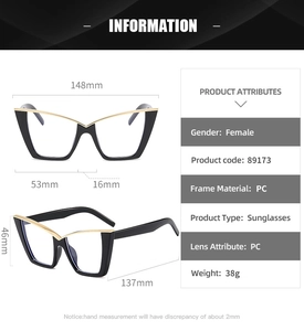 Detailed dimension guide for oversized cat-eye sunglasses with gold metal accents