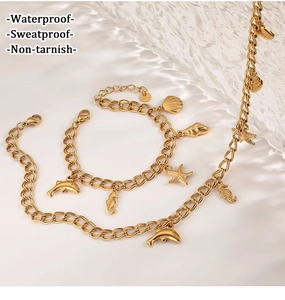 Parure de bijoux océan dorée étanche avec pendentifs hippocampe et dauphin en acier