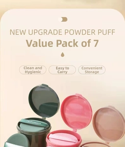 7-pack non-latex cosmetic puffs in a plastic storage box with fruit theme ribbons