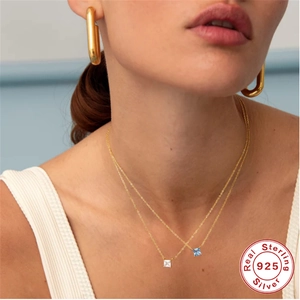 Elegant gold S925 sterling silver necklaces with square blue and white zirconia stones