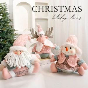 Pink Christmas Plush Dolls Knitted Santa Reindeer Snowman Figures Holiday Desktop Ornament Festive Table Home Decoration