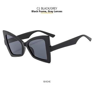 Side view of butterfly cat eye sunglasses with a sleek black frame and grey lenses
