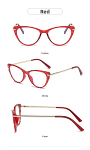 Detailed views of red cat-eye glasses frame with gold metal temples from three angles