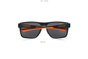 Detailed back and 45-degree side view of matte polarized sunglasses with orange grips