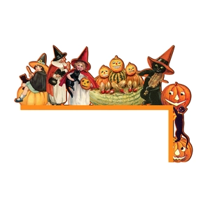 Close-up of vintage Halloween door corner decor with witch, black cat and pumpkin