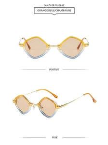 Detail view of rhombic metal sunglasses with orange-blue gradient lenses and gold frame
